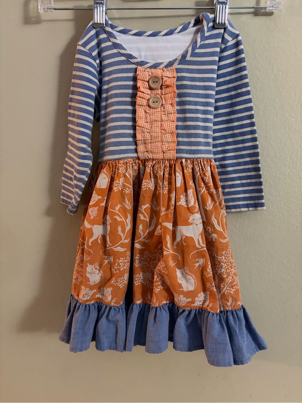 Eleanor Rose Blue Stripe and Orange Fox Print Long-Sleeve Dress 2T